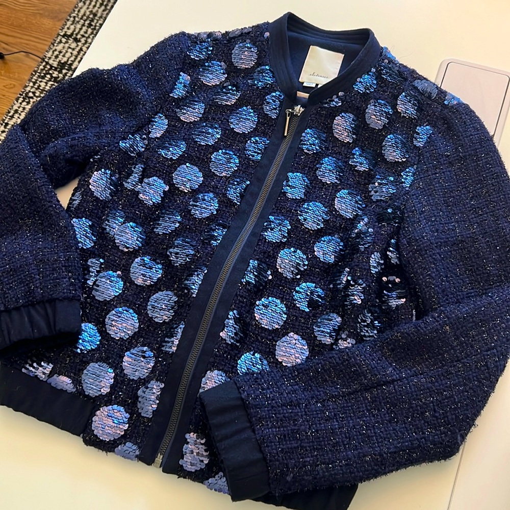 Elevenses Navy Sequined Tweed Bomber Jacket